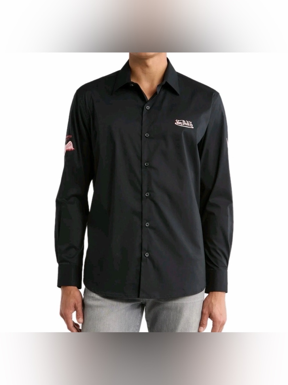 Von Dutch Men’s Medium Black Button Up Long Sleeve Logo Graphic Dress Shirt NWT